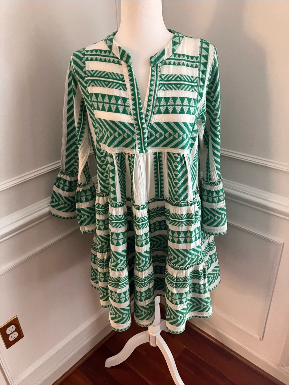Devotion Ella Mini Dress | Green & White Geometric | Summer - Resort